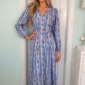 Celina Moon Dress Blue Pink Floral Stripe Cotton Maxi V-Neck Long Sleeve XL NWT
